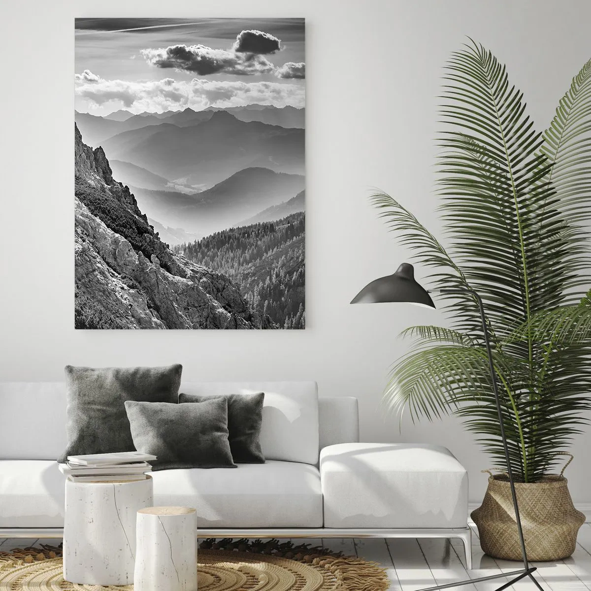 Cuadro sobre vidrio - Impresiones sobre Vidrio - Paisaje de montaña en blanco y negro con nubes sobre los picos. - 80x120cm - Hasta el horizonte - Decoración de pared moderna para salón y dormitorio ARTTOR