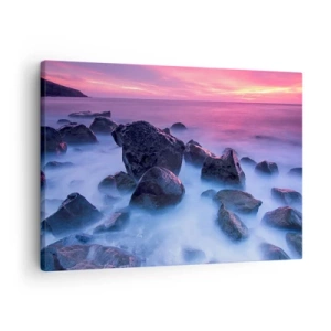 Cuadro sobre lienzo - Impresión de Imagen - Costa rocosa al atardecer - 70x50cm - Nacimiento en la luz y la niebla - Decoración de pared moderna para salón y dormitorio ARTTOR