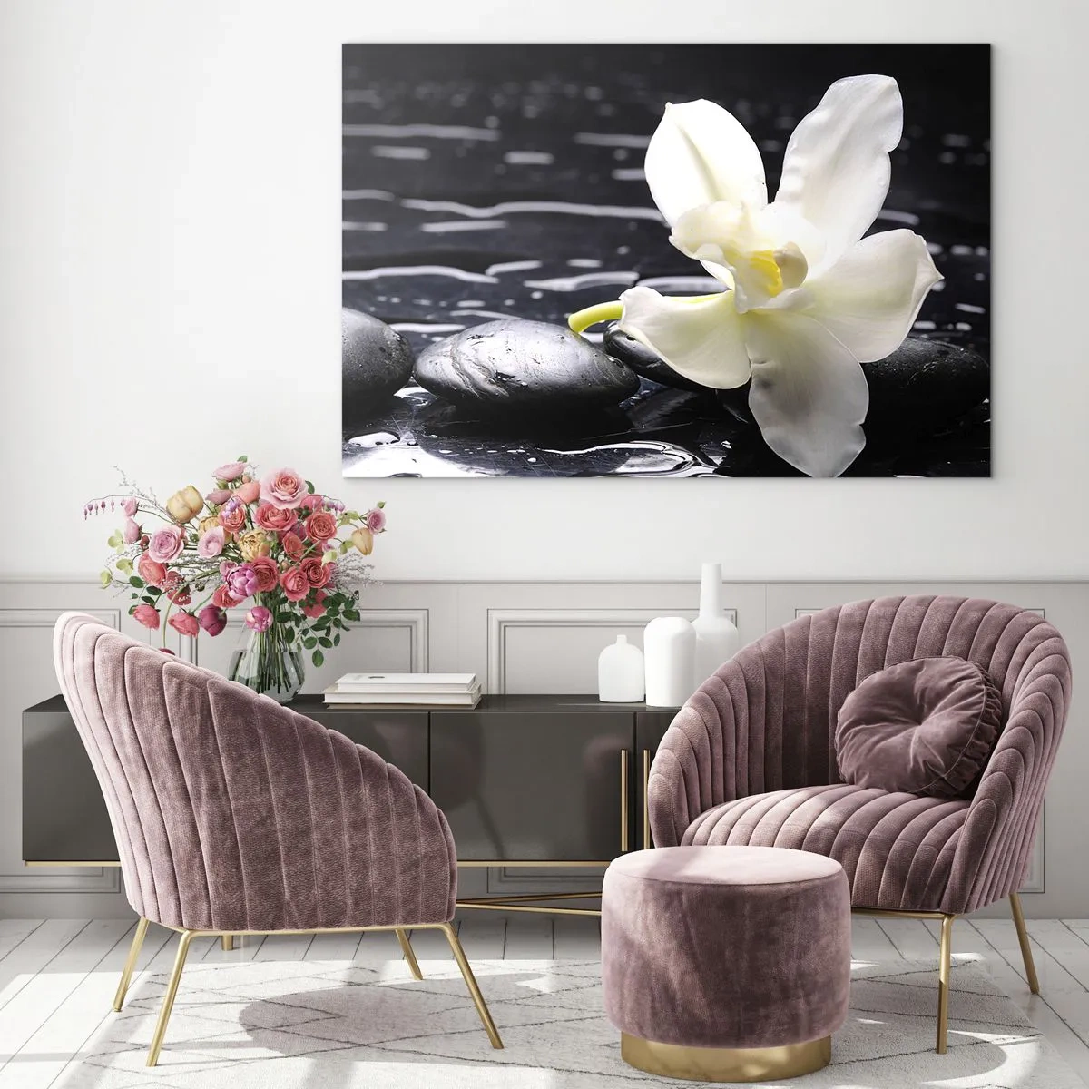 Cuadro sobre vidrio - Impresiones sobre Vidrio - Orquídea blanca sobre piedras negras mojadas - 70x50cm - Un estudio en blanco y negro - Decoración de pared moderna para salón y dormitorio ARTTOR