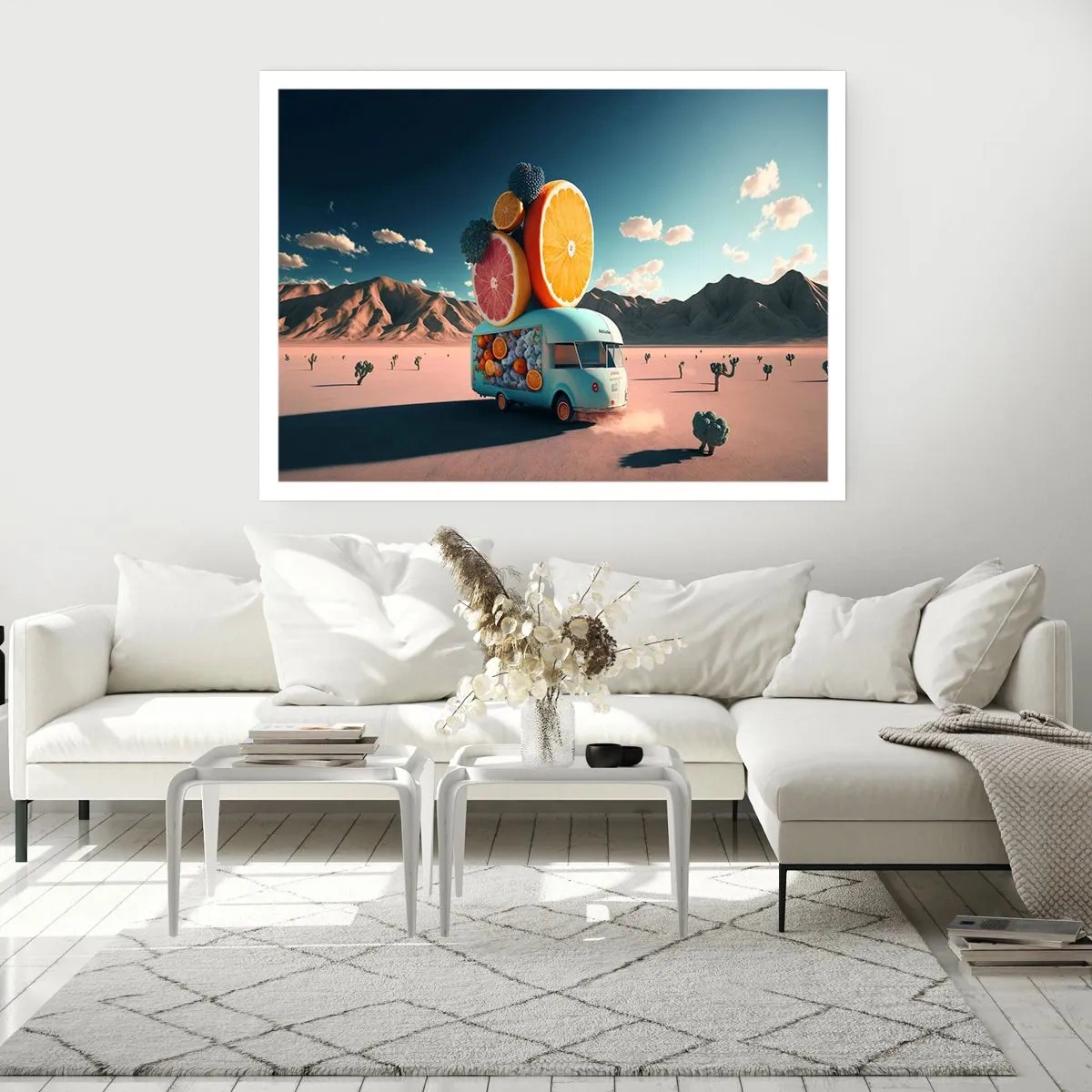 Póster - Camión de frutas en un paisaje desértico - 100x70cm - Un sabor a vacaciones - Decoración de pared moderna para salón y dormitorio ARTTOR