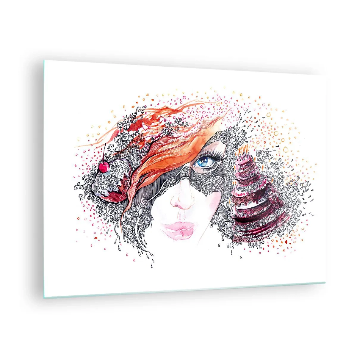 Cuadro sobre vidrio - Impresiones sobre Vidrio - Retrato de una mujer con patrones dinámicos y acentos rojos. - 70x50cm - Con ella cada día es una fiesta - Decoración de pared moderna para salón y dormitorio ARTTOR
