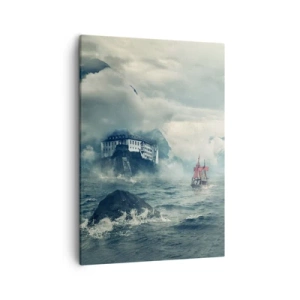Cuadro sobre lienzo - Impresión de Imagen - Un paisaje misterioso con un castillo, montañas y un barco. - 50x70cm - En aguas mágicas - Decoración de pared moderna para salón y dormitorio ARTTOR