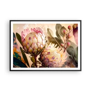 Póster en marco negro - Flores de protea coloridas sobre un fondo delicado. - 100x70cm - Abrazados con ternura - Decoración de pared moderna para salón y dormitorio ARTTOR