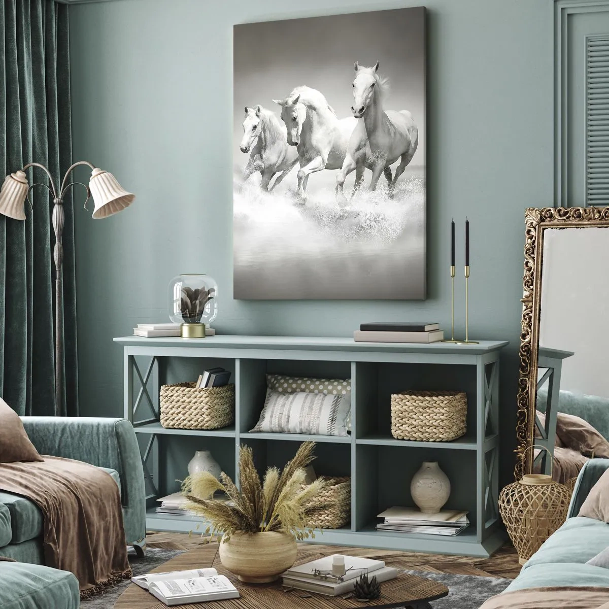 Cuadro sobre lienzo - Impresión de Imagen - Tres caballos blancos galopando por el agua - 70x100cm - Locura blanca - Decoración de pared moderna para salón y dormitorio ARTTOR