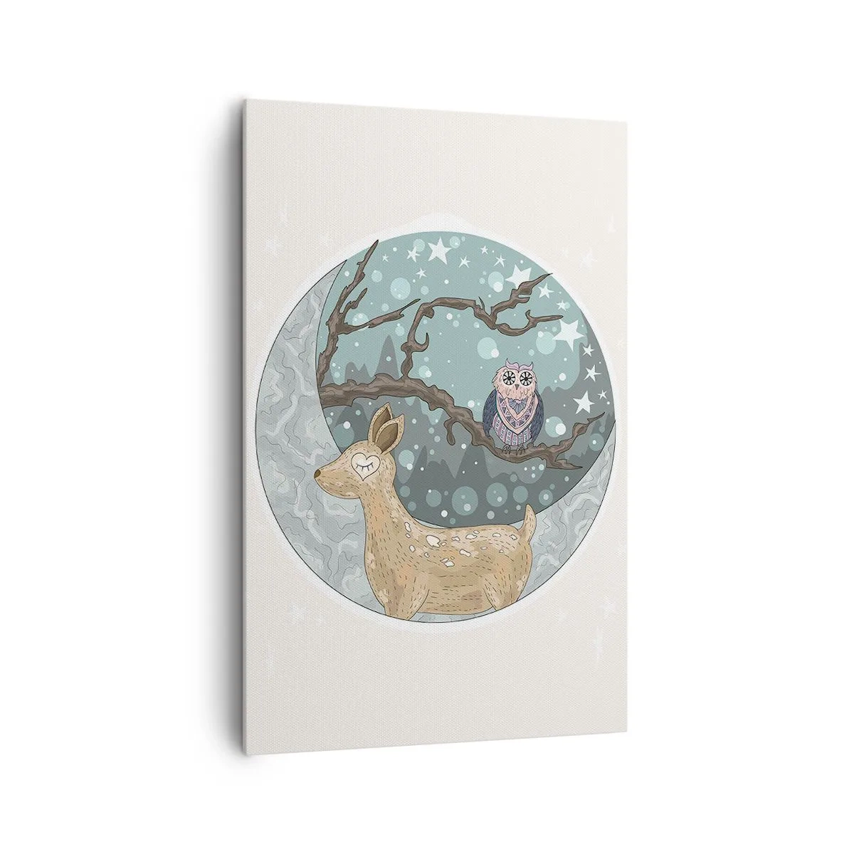 Cuadro sobre lienzo - Impresión de Imagen - Un ciervo y un búho en un paisaje nocturno de cuento de hadas. - 80x120cm - Noche de bosque de cuento de hadas - Decoración de pared moderna para salón y dormitorio ARTTOR