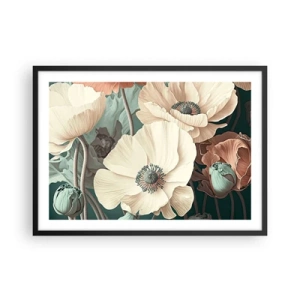 Póster en marco negro - Elegantes flores en tonos pastel sobre un fondo verde. - 70x50cm - Susurro de amapolas - Decoración de pared moderna para salón y dormitorio ARTTOR