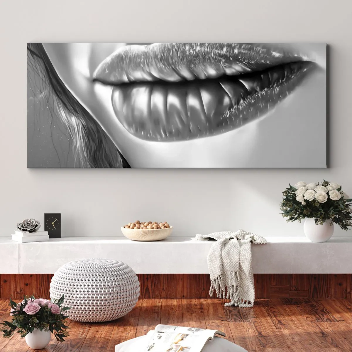 Cuadro sobre lienzo - Impresión de Imagen - Primer plano en blanco y negro de los labios de una mujer con efecto brillante y detalles. - 120x50cm - Sé lo que estás pensando... - Decoración de pared moderna para salón y dormitorio ARTTOR