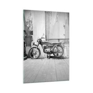 Cuadro sobre vidrio - Impresiones sobre Vidrio - Una motocicleta de estilo retro apoyada contra una pared de madera. - 50x70cm - Los clásicos por encima de todo - Decoración de pared moderna para salón y dormitorio ARTTOR