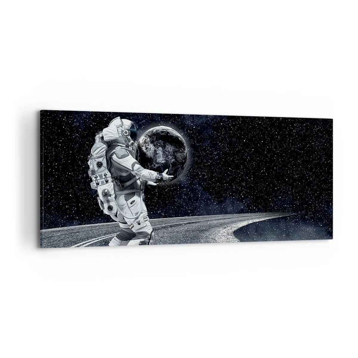 Cuadro sobre lienzo - Impresión de Imagen - Astronauta con la Tierra contra el cielo estrellado - 120x50cm - En la Vía Láctea - Decoración de pared moderna para salón y dormitorio ARTTOR