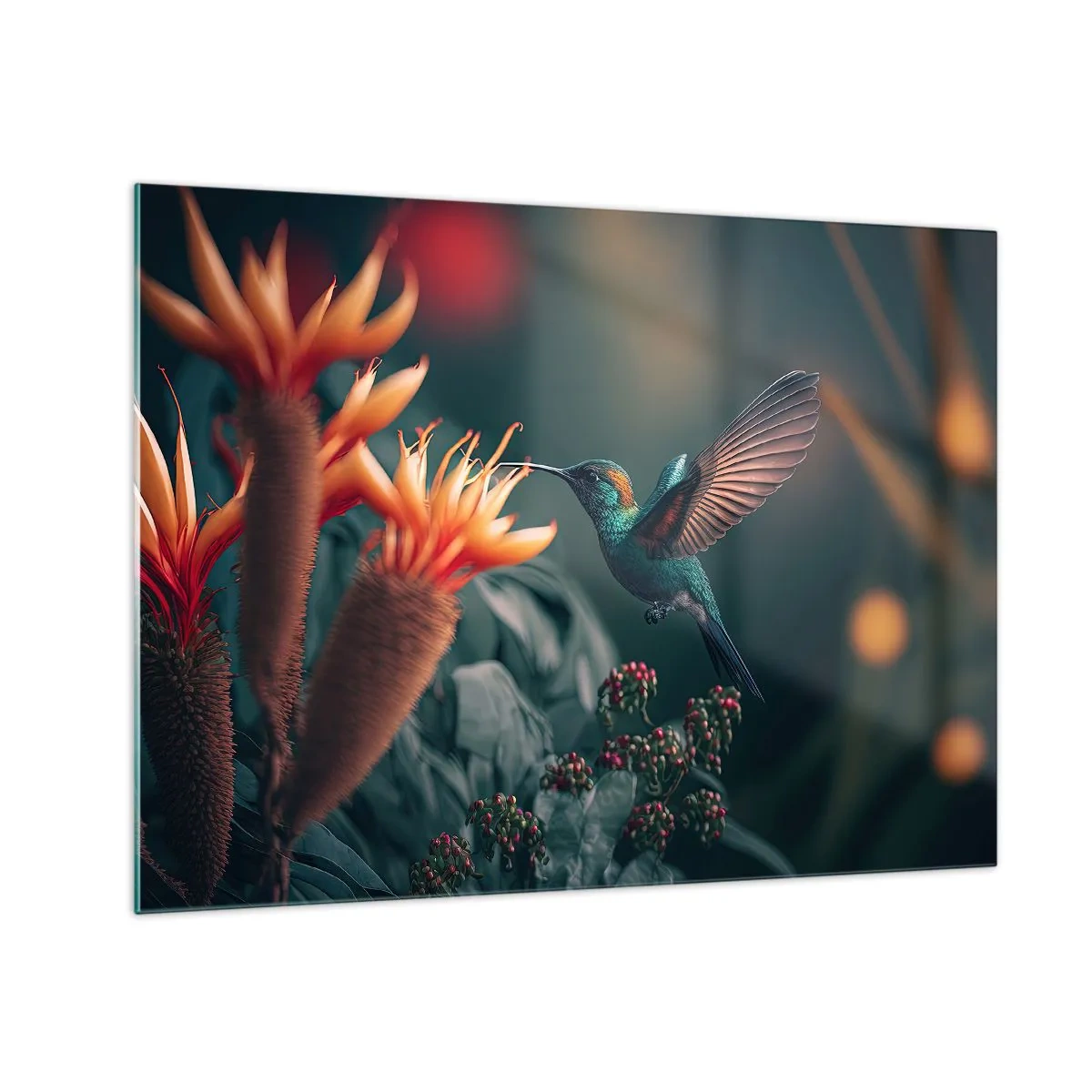 Cuadro sobre vidrio - Impresiones sobre Vidrio - Un colibrí vuela sobre flores exóticas entre las hojas. - 70x50cm - Una vida verdaderamente colorida - Decoración de pared moderna para salón y dormitorio ARTTOR