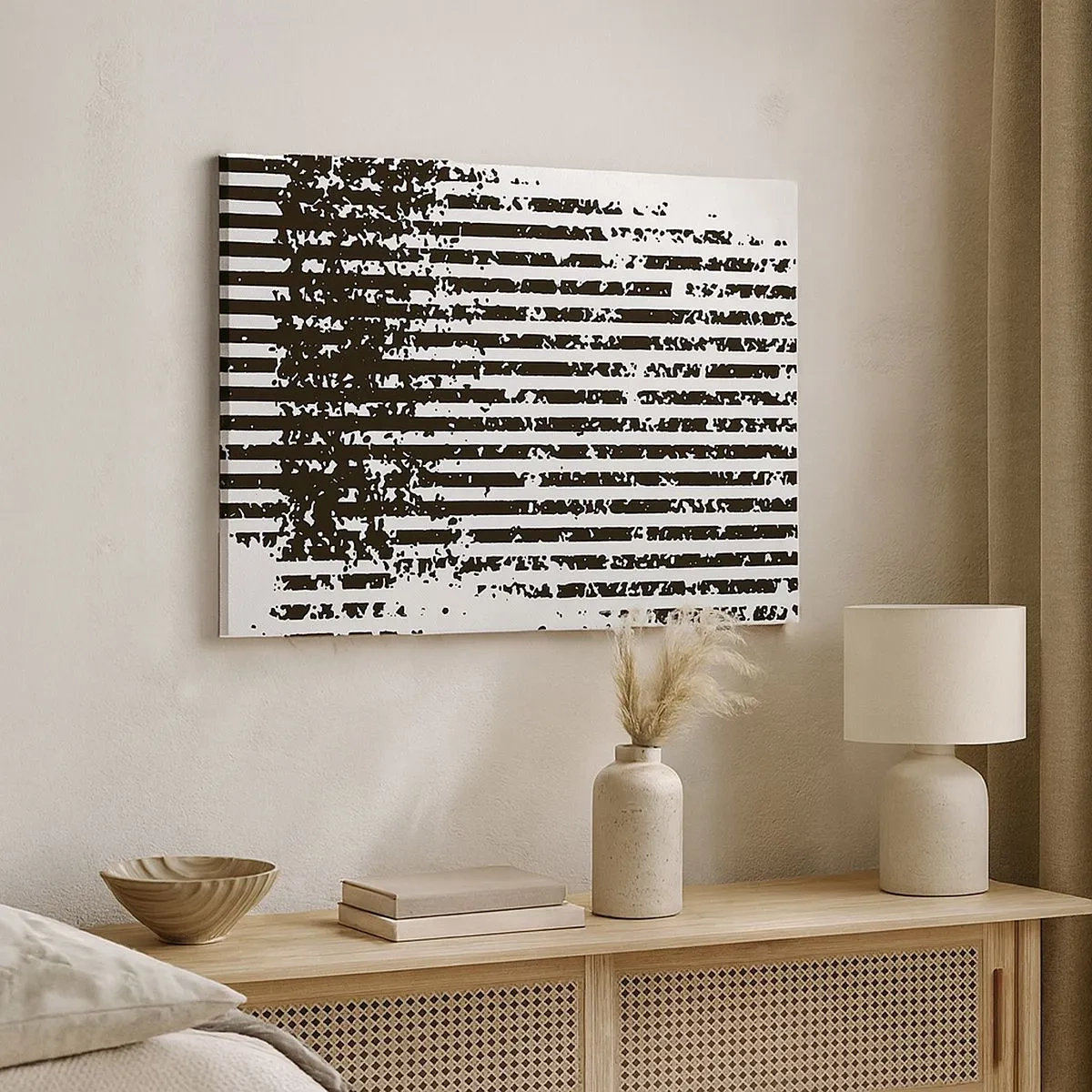 Cuadro sobre lienzo - Impresión de Imagen - Líneas abstractas con efecto desgastado en blanco y negro. - 70x50cm - Ritmo y ruido - Decoración de pared moderna para salón y dormitorio ARTTOR