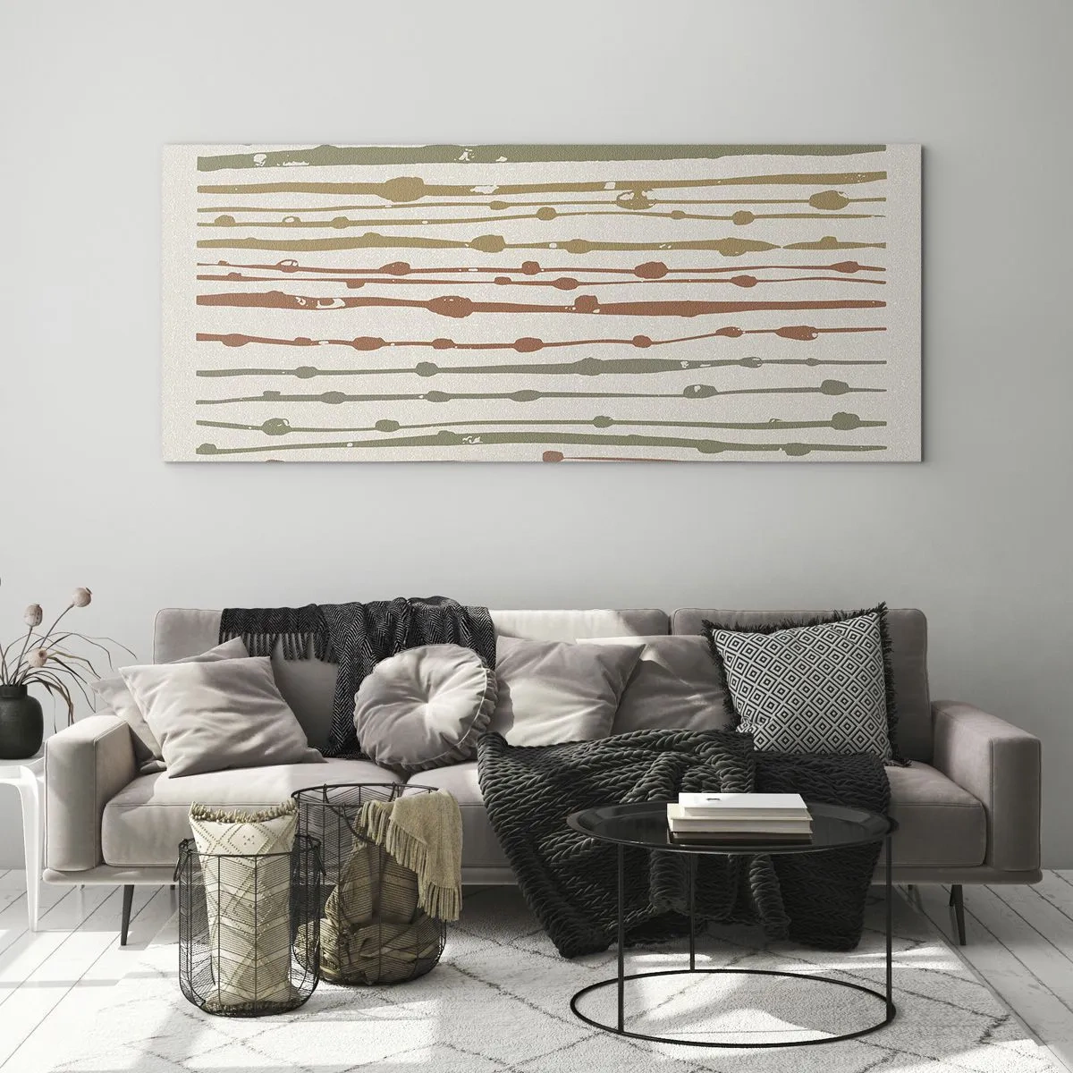 Cuadro sobre vidrio - Impresiones sobre Vidrio - Un patrón de líneas en tonos cálidos sobre un fondo claro. - 140x50cm - Composición de notas musicales - Decoración de pared moderna para salón y dormitorio ARTTOR