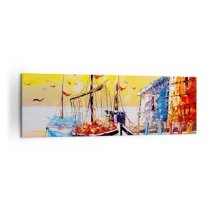 Cuadro sobre lienzo - Impresión de Imagen - Puerto pintoresco al atardecer con barcos de pesca - 160x50cm - Feliz regreso - Decoración de pared moderna para salón y dormitorio ARTTOR