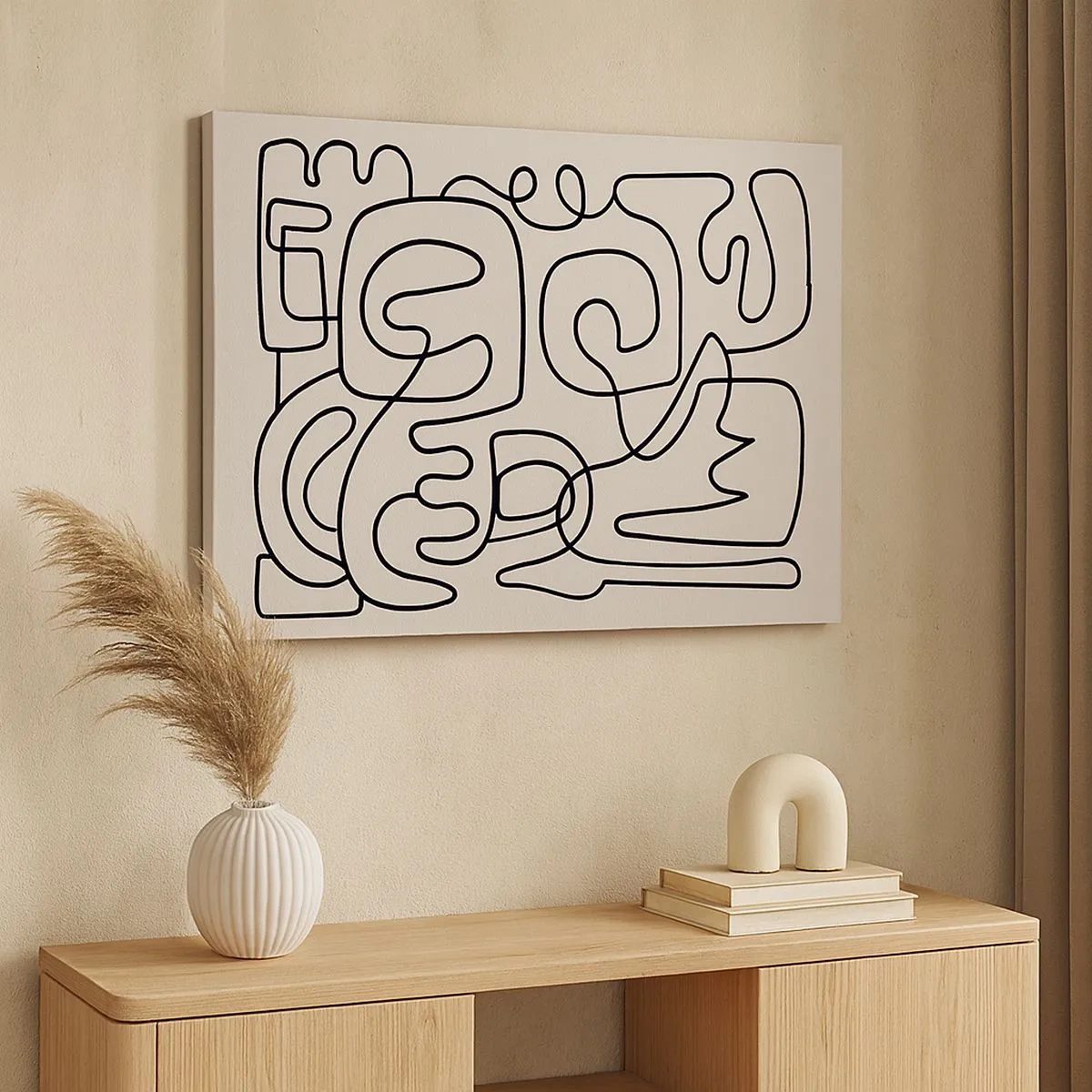 Cuadro sobre lienzo - Impresión de Imagen - Patrón de arte lineal abstracto en negro sobre un fondo claro - 70x50cm - El camino correcto - Decoración de pared moderna para salón y dormitorio ARTTOR