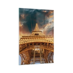 Cuadro sobre vidrio - Impresiones sobre Vidrio - La Torre Eiffel desde abajo con el sol poniente como telón de fondo - 70x100cm - Mientras la humanidad alcanza el cielo - Decoración de pared moderna para salón y dormitorio ARTTOR