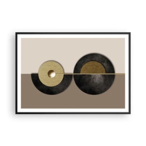 Póster en marco negro - Círculos abstractos en tonos dorados y marrones. - 100x70cm - Variaciones en torno a un círculo - Decoración de pared moderna para salón y dormitorio ARTTOR