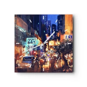 Reloj de pared - Reloj de vidrio - Paisaje urbano vespertino de estilo impresionista - 30x30cm - Y la ciudad no duerme - Decoración de pared moderna para salón y dormitorio ARTTOR