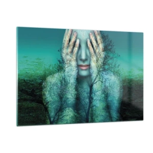 Cuadro sobre vidrio - Impresiones sobre Vidrio - Un rostro de mujer con un motivo de árbol en un entorno surrealista. - 120x80cm - Sumergida en azul - Decoración de pared moderna para salón y dormitorio ARTTOR
