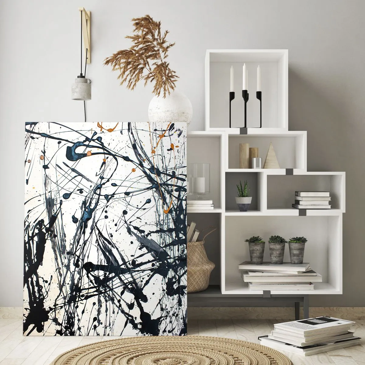 Cuadro sobre vidrio - Impresiones sobre Vidrio - Salpicaduras de pintura dinámicas sobre un fondo blanco - 50x70cm - Abstracción expresionista - Decoración de pared moderna para salón y dormitorio ARTTOR