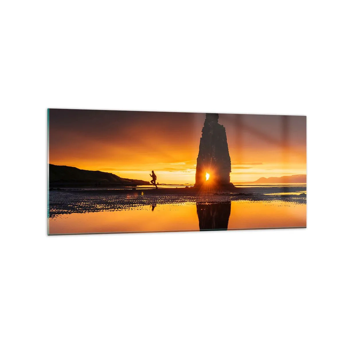 Cuadro sobre vidrio - Impresiones sobre Vidrio - Persona corriendo en la playa al atardecer con formación rocosa - 120x50cm - Solo tú y la naturaleza - Decoración de pared moderna para salón y dormitorio ARTTOR