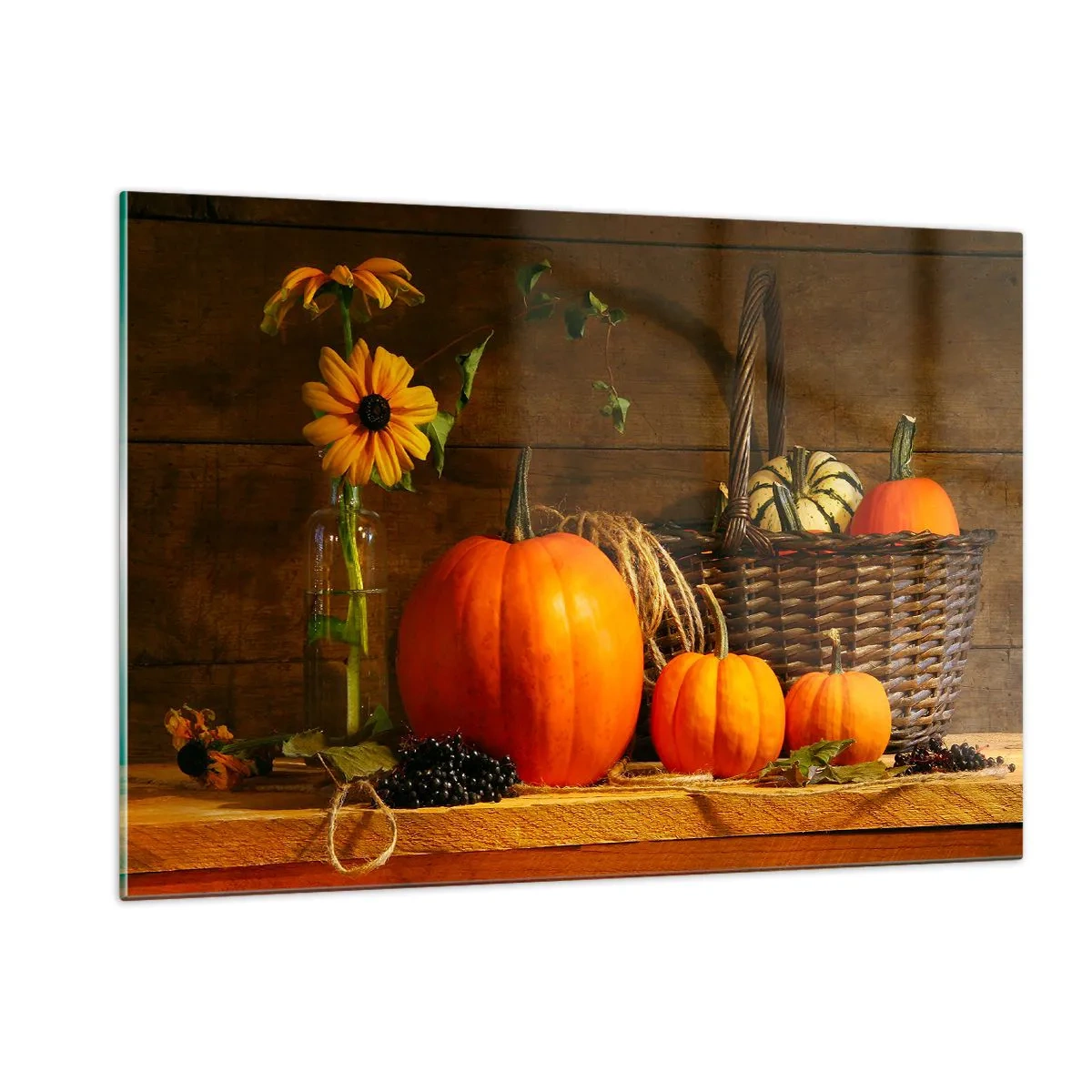 Cuadro sobre vidrio - Impresiones sobre Vidrio - Bodegón otoñal con calabazas y flores - 120x80cm - Composición rústica - regalos de otoño - Decoración de pared moderna para salón y dormitorio ARTTOR