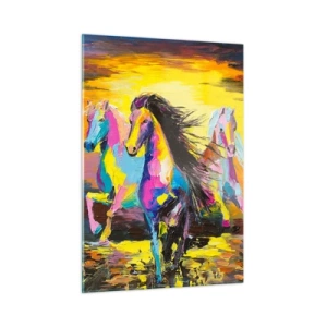 Cuadro sobre vidrio - Impresiones sobre Vidrio - Caballos coloridos galopando contra el fondo del atardecer - 50x70cm - Sumergido en un arco iris - Decoración de pared moderna para salón y dormitorio ARTTOR