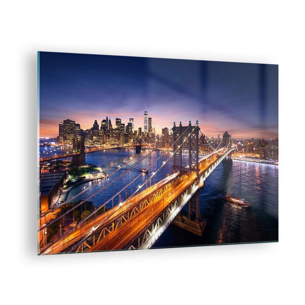 Cuadro sobre vidrio - Impresiones sobre Vidrio - El puente con el panorama nocturno de la ciudad y los rascacielos iluminados como telón de fondo. - 70x50cm - Un puente luminoso hacia el corazón de la ciudad