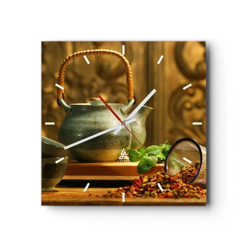 Reloj de pared - Reloj de vidrio - Jarra de cerámica con tazas y té seco. - 30x30cm - Tratado sobre el consumo de té - Decoración de pared moderna para salón y dormitorio ARTTOR