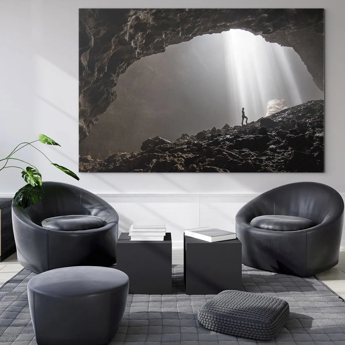 Cuadro sobre vidrio - Impresiones sobre Vidrio - Una figura en una cueva iluminada por rayos de luz, rodeada de rocas oscuras. - 120x80cm - Gruta luminosa - Decoración de pared moderna para salón y dormitorio ARTTOR