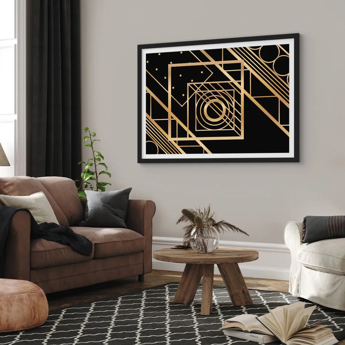 Póster en marco negro - Geometría dorada - 91x61 cm