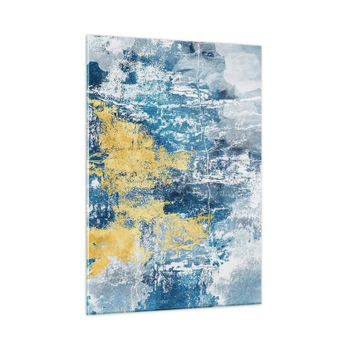Cuadro sobre vidrio - Impresiones sobre Vidrio - Abstracción azul y amarilla con efecto desgastado y texturizado. - 50x70cm - Una abstracción serena - Decoración de pared moderna para salón y dormitorio ARTTOR