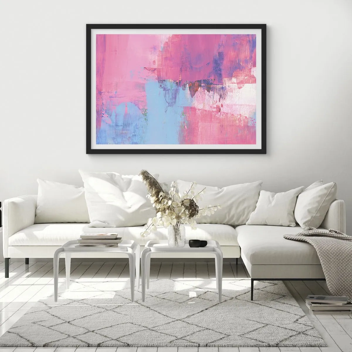 Póster en marco negro - Composición abstracta en rosa y azul. - 100x70cm - Rosa, azul y una pizca de luz - Decoración de pared moderna para salón y dormitorio ARTTOR