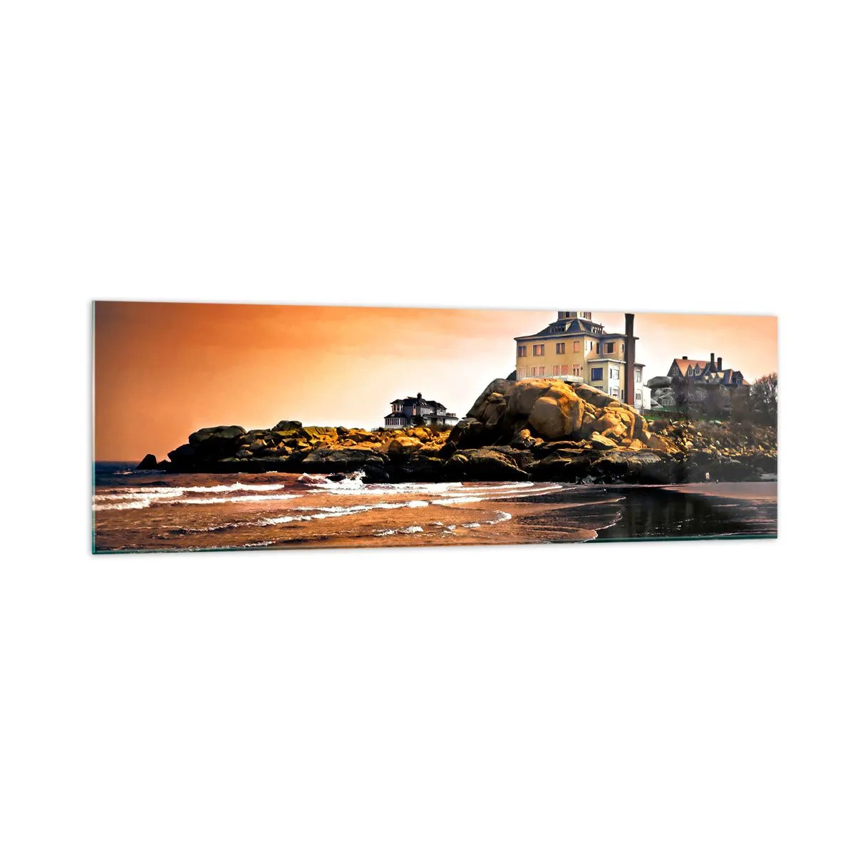 Cuadro sobre vidrio - Impresiones sobre Vidrio - Una casa sobre una roca junto a la playa al atardecer con su reflejo en el agua. - 160x50cm - La elegancia de la costa oeste - Decoración de pared moderna para salón y dormitorio ARTTOR