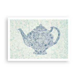 Póster - Dibujo decorativo de una tetera con adornos azules. - 100x70cm - El encanto del té - Decoración de pared moderna para salón y dormitorio ARTTOR