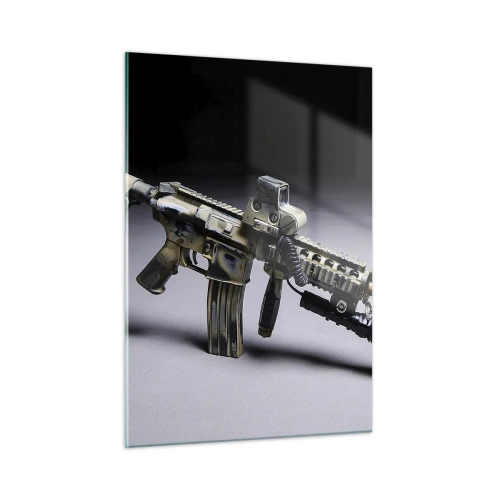 Cuadro sobre vidrio - Impresiones sobre Vidrio - Un rifle moderno sobre un fondo oscuro con acento industrial. - 50x70cm - Siempre amenazante - Decoración de pared moderna para salón y dormitorio ARTTOR