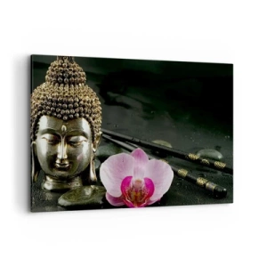 Cuadro sobre lienzo - Impresión de Imagen - Una estatuilla de Buda con una orquídea y palillos sobre un fondo de piedras. - 100x70cm - La armonía de la sabiduría y la belleza - Decoración de pared moderna para salón y dormitorio ARTTOR
