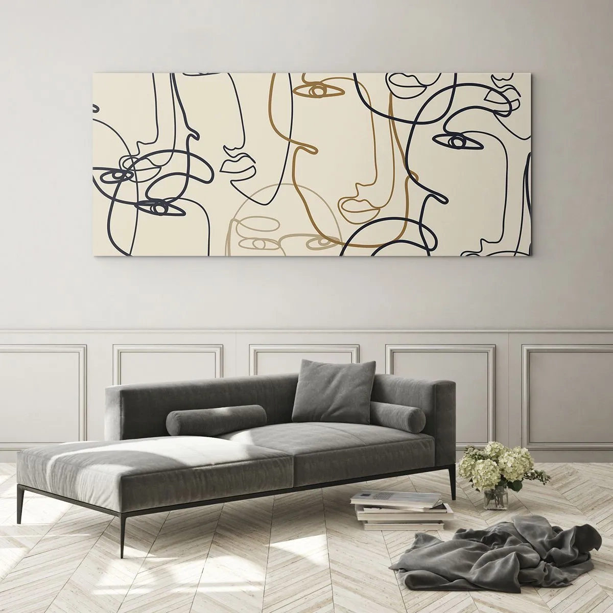 Cuadro sobre vidrio - Impresiones sobre Vidrio - Caras de arte lineal minimalista sobre un fondo claro - 120x50cm - Retrato multiplicado - Decoración de pared moderna para salón y dormitorio ARTTOR