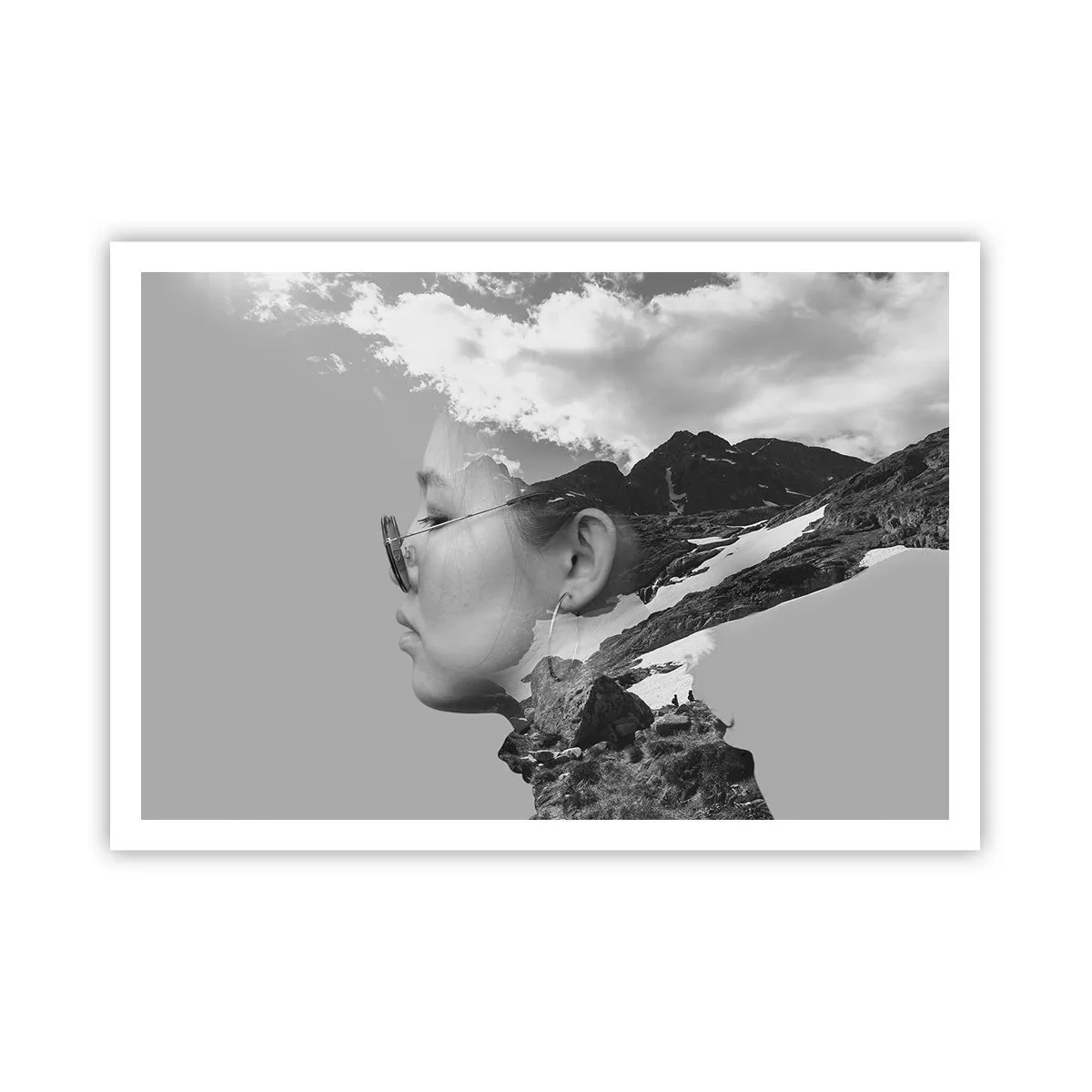 Póster - Una composición en blanco y negro con la silueta de una mujer y un paisaje de montaña. - 100x70cm - Retrato sobre montañas y nubes - Decoración de pared moderna para salón y dormitorio ARTTOR