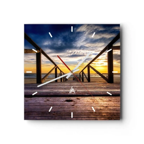 Reloj de pared - Reloj de vidrio - Muelle de madera que conduce a la playa al atardecer - 30x30cm - Directamente hacia una playa tranquila al atardecer - Decoración de pared moderna para salón y dormitorio ARTTOR