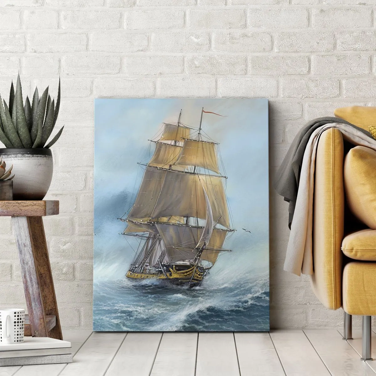 Cuadro sobre lienzo - Impresión de Imagen - Un velero en un mar tempestuoso - 50x70cm - Surcando las olas - Decoración de pared moderna para salón y dormitorio ARTTOR