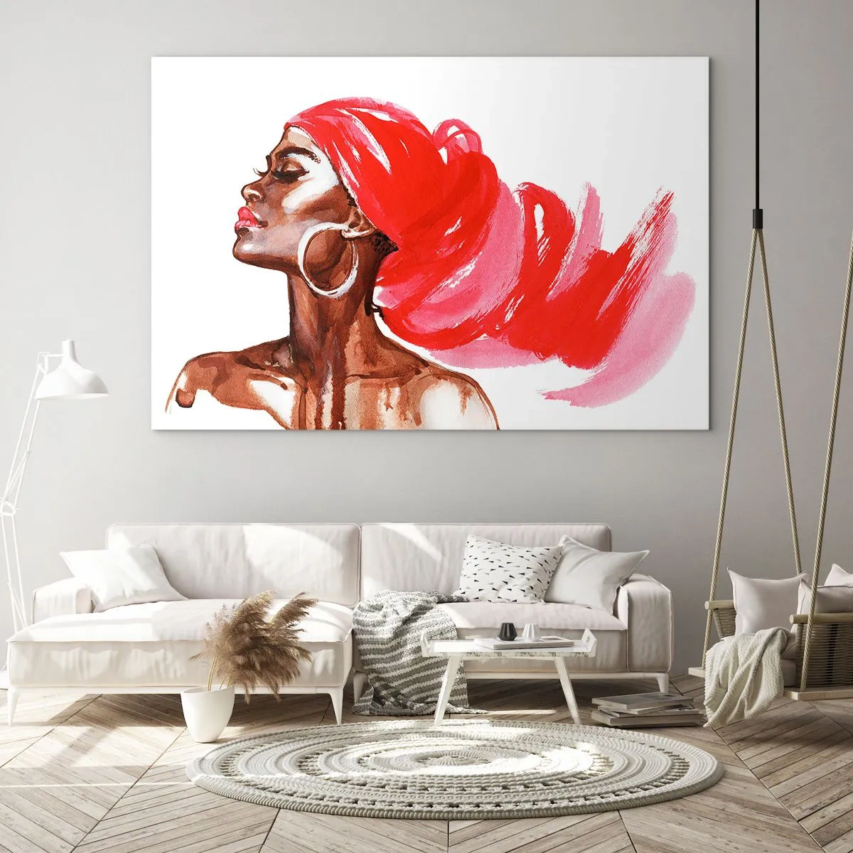 Cuadro sobre vidrio - Impresiones sobre Vidrio - Retrato en acuarela de una mujer con turbante rojo. - 100x70cm - Aroma que te hace sentir - Decoración de pared moderna para salón y dormitorio ARTTOR