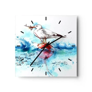 Reloj de pared - Reloj de vidrio - Gaviota en una boya con peces al fondo en estilo acuarela - 30x30cm - Una captura exitosa - Decoración de pared moderna para salón y dormitorio ARTTOR
