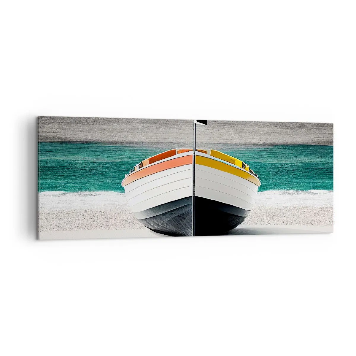 Cuadro sobre lienzo - Impresión de Imagen - Un barco en la playa con un mar turquesa al fondo. - 140x50cm - En su lugar exacto - Decoración de pared moderna para salón y dormitorio ARTTOR