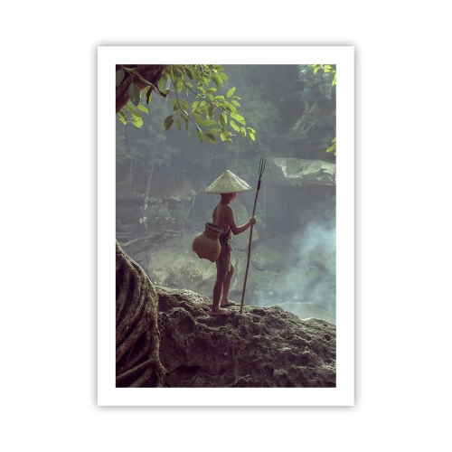 Póster - Un niño en el bosque con una caña de pescar y una cesta en la espalda. - 50x70cm - Amistad con la naturaleza - Decoración de pared moderna para salón y dormitorio ARTTOR