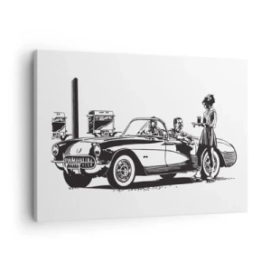 Cuadro sobre lienzo - Impresión de Imagen - Una escena retro en blanco y negro con un coche y una camarera en patines. - 70x50cm - Años 60 - la América despreocupada - Decoración de pared moderna para salón y dormitorio ARTTOR