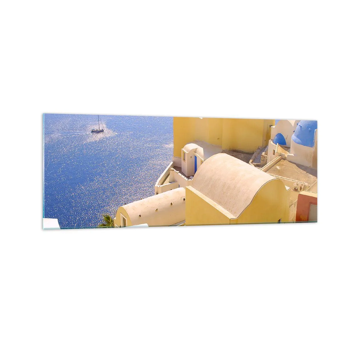 Cuadro sobre vidrio - Impresiones sobre Vidrio - Arquitectura griega con vistas al mar y un barco al fondo. - 140x50cm - Paisaje griego en blanco y azul - Decoración de pared moderna para salón y dormitorio ARTTOR