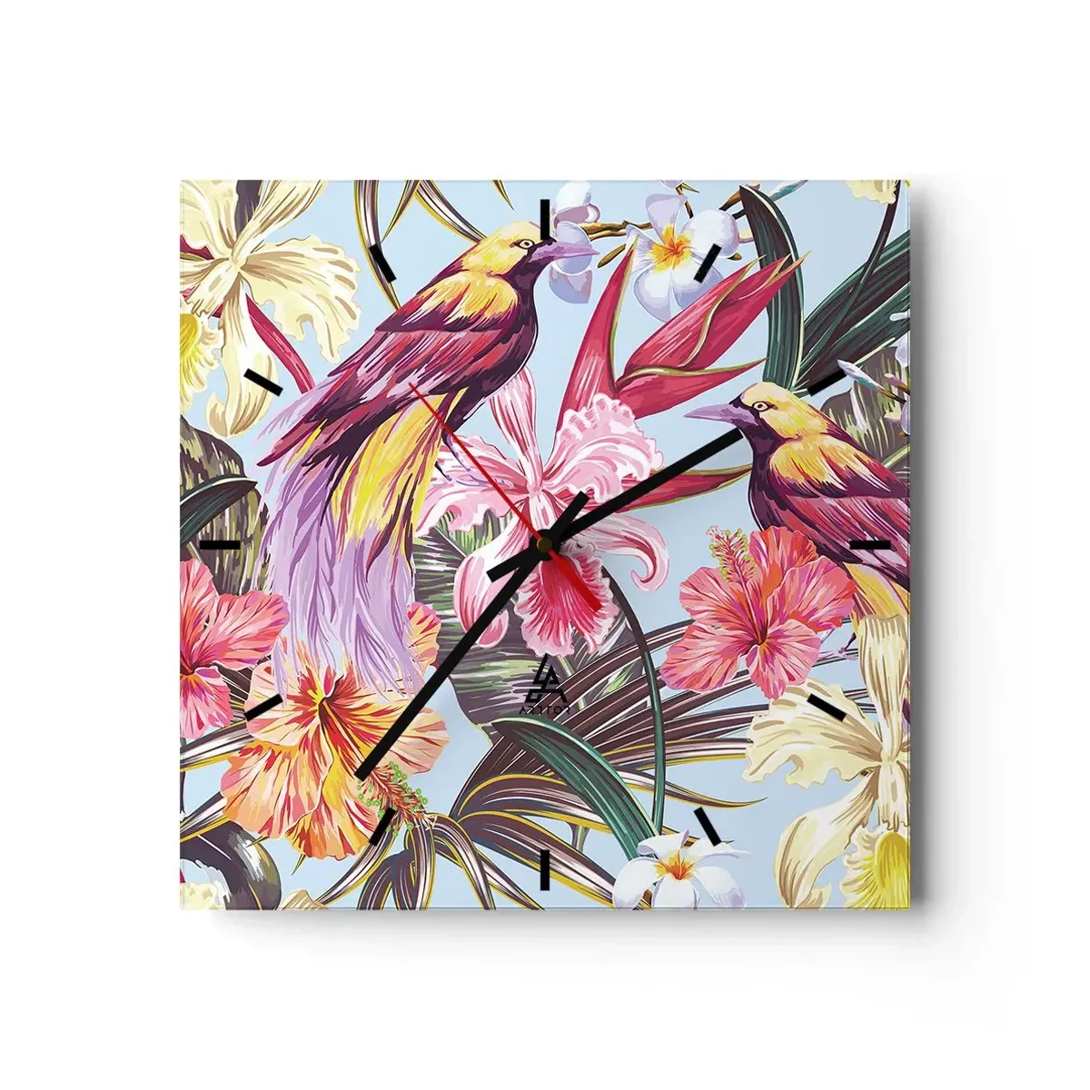 Reloj de pared - Reloj de vidrio - Aves exóticas entre flores tropicales - 30x30cm - Pétalos y plumas - Decoración de pared moderna para salón y dormitorio ARTTOR