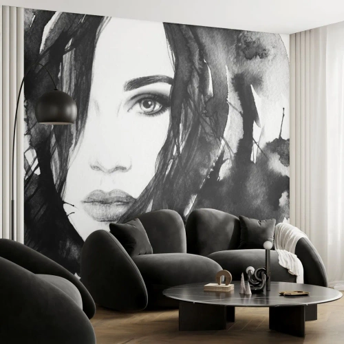 Fotomural Autadhesivo Deluxe Sticker - Retrato de una dama en blanco y negro - Abstracción, cara de mujer, Retrato - 150x105 cm