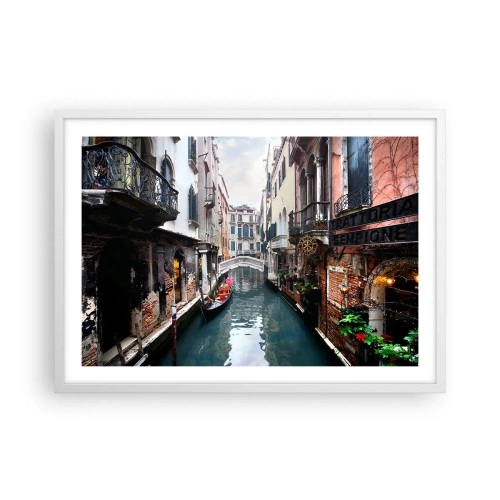 Póster en marco blanco - Paisaje veneciano con góndola y puente - 70x50 cm