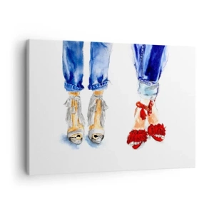 Cuadro sobre lienzo - Impresión de Imagen - Ilustración de dos pares de zapatos con elegantes sandalias y jeans. - 70x50cm - ¿Por qué no vamos a dar un paseo? - Decoración de pared moderna para salón y dormitorio ARTTOR